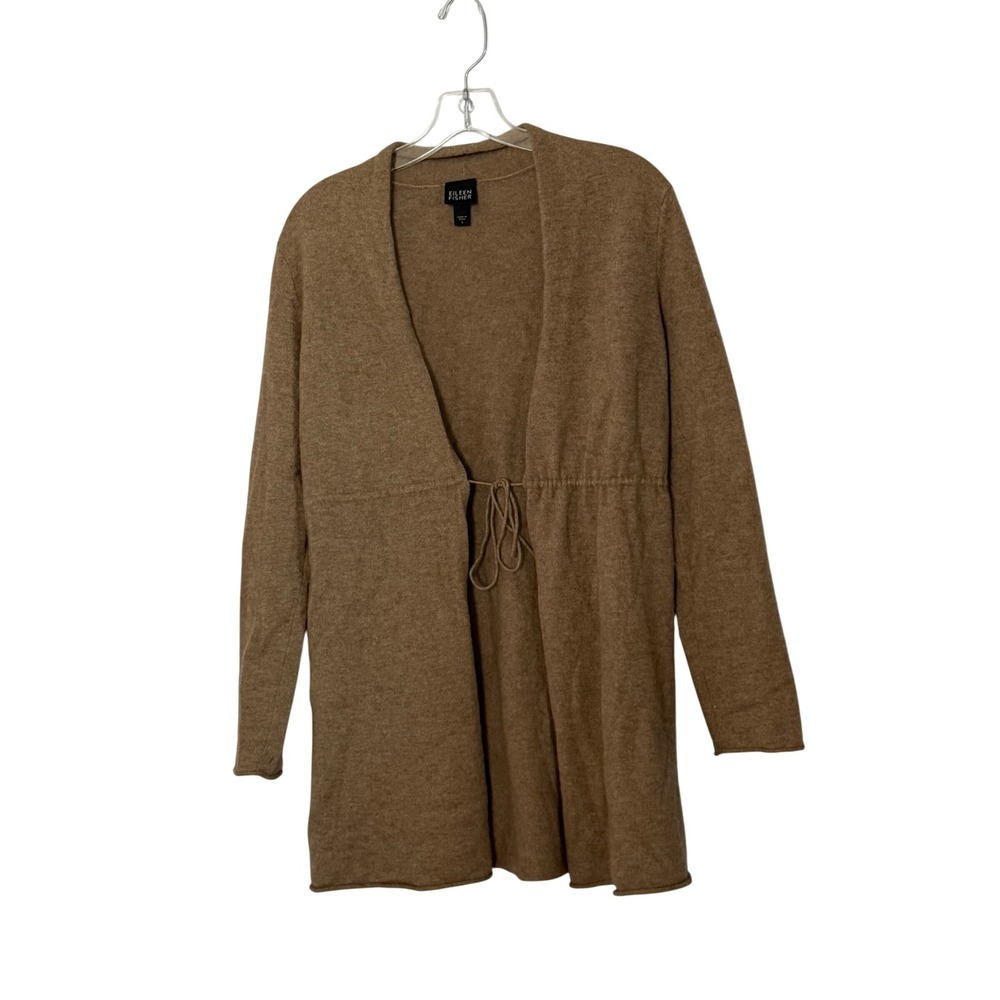 Eileen Fisher 100% Cashmere Cardigan Camel Tie Front Sweater Cozy - Small